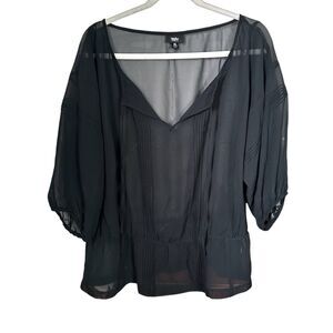 Mossimo Womens Sz XL Black Sheer Chiffon V Neck Pintuck Blouse Top 3/4 Sleeve